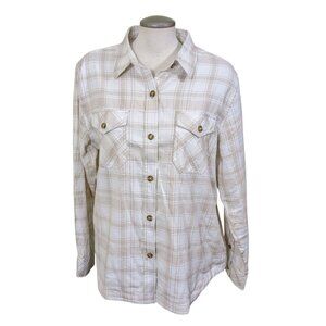 Frank and Oak Flannel Shirt Womens XL Plaid Beige Button Up Organic Cotton Soft